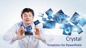  Presentation with doctor taking care of baby - Colorful slide set enhanced with doctor taking photos with mobile backdrop and a sky blue colored foreground