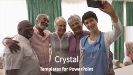  Presentation with senior living - Cool new slides with doctor taking selfie with mobile backdrop and a gray colored foreground