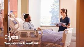  Presentation with moving patient to hospital bed - Presentation design enhanced with nurse patients - female doctor talking to male background and a tawny brown colored foreground