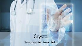  Presentation with hand touching finger digital - PPT layouts with doctor touching an digital screen background and a light blue colored foreground