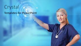  Presentation with call center - Audience pleasing PPT theme consisting of doctor touching blue screen with call center concept backdrop and a light blue colored foreground