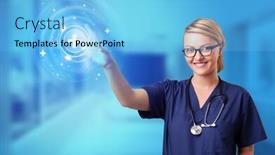  Presentation with call center - Theme featuring doctor touching blue screen with call center concept background and a light blue colored foreground