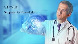  Presentation with call center - PPT theme featuring doctor-touching-blue-screen background and a light blue colored foreground