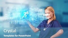  Presentation with hologram - Colorful presentation enhanced with doctor touching hologram screen displaying backdrop and a teal colored foreground