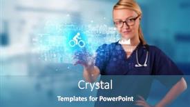  Presentation with hologram - Presentation design having doctor touching hologram screen displaying healthcare running symbols background and a teal colored foreground