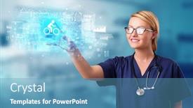  Presentation with displaying - Cool new presentation design with touching hologram screen displaying healthcare backdrop and a teal colored foreground