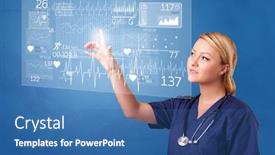  Presentation with displaying - Amazing presentation theme having doctor touching hologram screen displaying healthcare running symbols backdrop and a ocean colored foreground