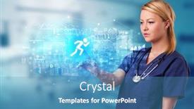  Presentation with displaying - PPT theme consisting of doctor touching hologram screen displaying healthcare running symbols background and a teal colored foreground