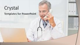  Presentation with talking on phone - Slide set with doctor using laptop and talking background and a  colored foreground
