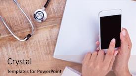  Presentation with desk - Colorful slides enhanced with doctor using smartphone on wooden backdrop and a  colored foreground