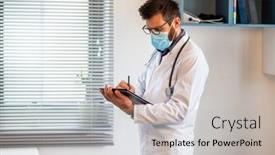  Presentation with health care - Slide set featuring doctor-using-tablet-online-health background and a light gray colored foreground