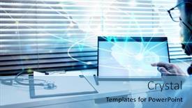  Presentation with telehealth - Audience pleasing slide deck consisting of doctor-using-tablet-pressing-touchscreen backdrop and a light blue colored foreground