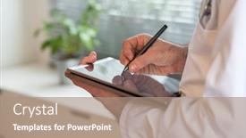  Presentation with telehealth - Presentation theme with doctor-using-tablet-telemedicine-telehealth background and a coral colored foreground