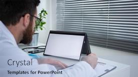  Presentation with telehealth - Beautiful slide set featuring doctor-using-tablet-telemedicine-telehealth backdrop and a light blue colored foreground