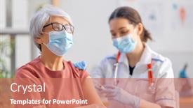  Presentation with virus - Colorful PPT layouts enhanced with doctor-vaccinating-a-senior-woman backdrop and a coral colored foreground