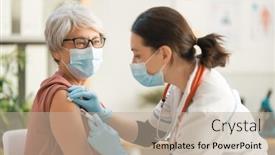  Presentation with 2019 - Cool new PPT theme with doctor-vaccinating-a-senior-woman backdrop and a mint green colored foreground