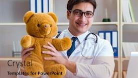  Presentation with veterinary - PPT theme having doctor-veterinary-pediatrician-holding background and a red colored foreground