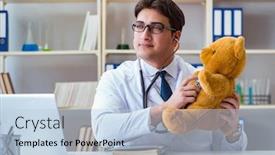  Presentation with pediatrician - Theme enhanced with doctor veterinary pediatrician holding an examination in the off background and a light blue colored foreground