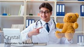  Presentation with pediatrician - Amazing slide deck having doctor veterinary pediatrician holding an examination in the off backdrop and a light blue colored foreground