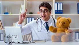  Presentation with pediatrician - Slide deck enhanced with doctor veterinary pediatrician holding an examination in the off background and a light blue colored foreground