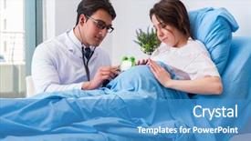  Presentation with doctor visiting family a new born - Slide deck featuring doctor visiting pregnant in hospital background and a teal colored foreground