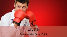  Presentation with rubber gloves doctor puts - Amazing PPT theme having doctor wearing boxing gloves isolated backdrop and a red colored foreground