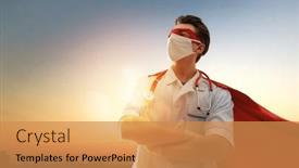  Presentation with power protection - Audience pleasing PPT layouts consisting of doctor-wearing-facemask-and-superhero backdrop and a gold colored foreground
