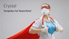  Presentation with hero - Amazing slide deck having doctor-wearing-facemask-and-superhero backdrop and a light gray colored foreground