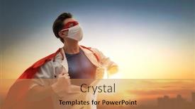  Presentation with hero - Amazing PPT theme having doctor-wearing-facemask-and-superhero backdrop and a coral colored foreground