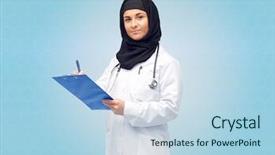  Presentation with clipboard stethoscope - Audience pleasing slide deck consisting of doctor wearing hijab and white backdrop and a light blue colored foreground