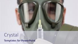  Presentation with needle - PPT theme enhanced with doctor with a gas mask looking in a medical syringe with needle background and a sky blue colored foreground