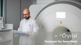  Presentation with scanner - Slide deck having medical card near mri scan background and a gray colored foreground