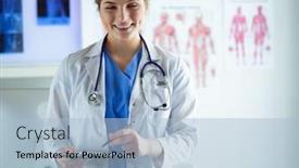  Presentation with medical clipboard - Audience pleasing PPT theme consisting of doctor with a stethoscope holding a notebook in his hand close-up of a female doctor filling up medical form at clipboard while standing straight in hospital backdrop and a light blue colored foreground