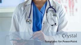  Presentation with medical clipboard - PPT layouts enhanced with doctor with a stethoscope holding a notebook in his hand close-up of a female doctor filling up medical form at clipboard while standing straight in hospital background and a light blue colored foreground