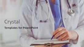  Presentation with medical clipboard - Beautiful slide deck featuring doctor-with-a-stethoscope-holding backdrop and a light gray colored foreground