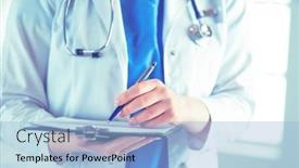  Presentation with medical clipboard - PPT layouts having doctor-with-a-stethoscope-holding background and a light blue colored foreground