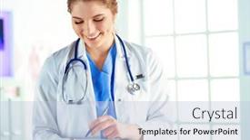 Presentation with clipboard stethoscope - PPT theme with doctor-with-a-stethoscope-holding background and a light blue colored foreground