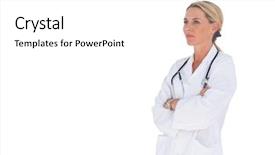 Presentation with upwards - Beautiful presentation theme featuring doctor with arms crossed looking upwards on white background backdrop and a white colored foreground