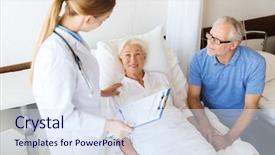  Presentation with senior care - Beautiful slides featuring doctor with clipboard at hospital backdrop and a sky blue colored foreground