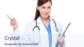  Presentation with finger point - Colorful PPT theme enhanced with doctor with clipboard with finger point up backdrop and a sky blue colored foreground