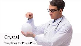  Presentation with crystal ball - Presentation design featuring doctor with crystal ball isolated on white background background and a white colored foreground