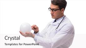  Presentation with crystal ball - Presentation design consisting of doctor with crystal ball isolated on white background background and a white colored foreground