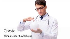  Presentation with crystal ball - Slide deck having doctor with crystal ball isolated on white background background and a white colored foreground