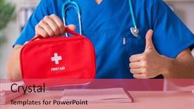  Presentation with first aid - Presentation design featuring doctor with first aid bag background and a  colored foreground