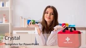  Presentation with first aid - Presentation design enhanced with doctor with first aid bag background and a soft green colored foreground