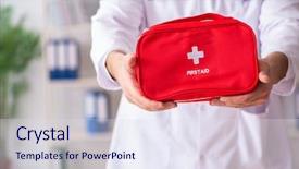  Presentation with first aid - Beautiful slide deck featuring doctor with first aid bag backdrop and a sky blue colored foreground