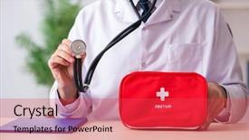  Presentation with first aid - PPT theme with doctor with first aid bag background and a red colored foreground