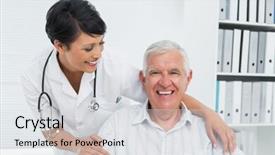  Presentation with female hospital patient - Presentation theme having doctor with happy senior patient background and a sky blue colored foreground