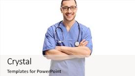  Presentation with business intelligence white robotic arm - Colorful theme enhanced with doctor with his arms folded backdrop and a  colored foreground