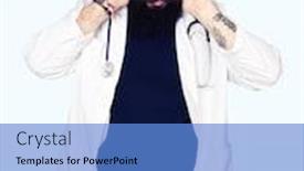  Presentation with medical ear - Beautiful slide deck featuring doctor with long hair wearing medical coat and stethoscope trying to hear both hands on ear gesture curious for gossip hearing problem deaf backdrop and a teal colored foreground